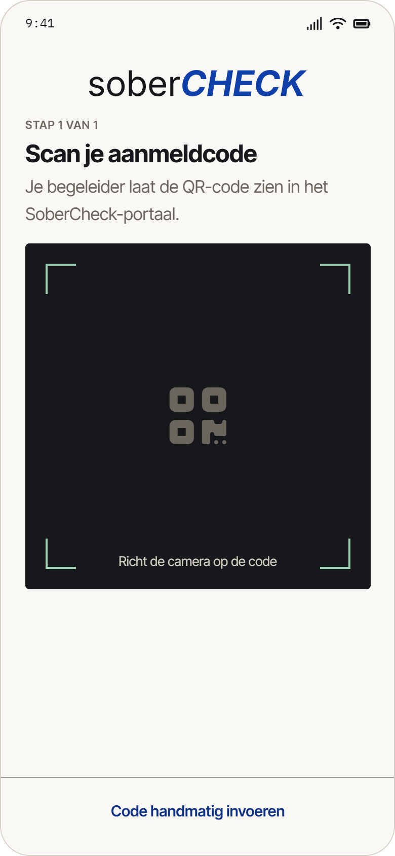 Aanmelden: scan je aanmeldcode uit het SoberCheck-portaal
