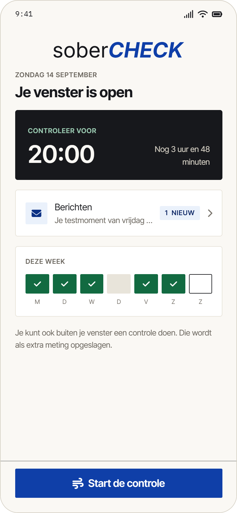 Startscherm: het testvenster is open, controleer voor 20:00