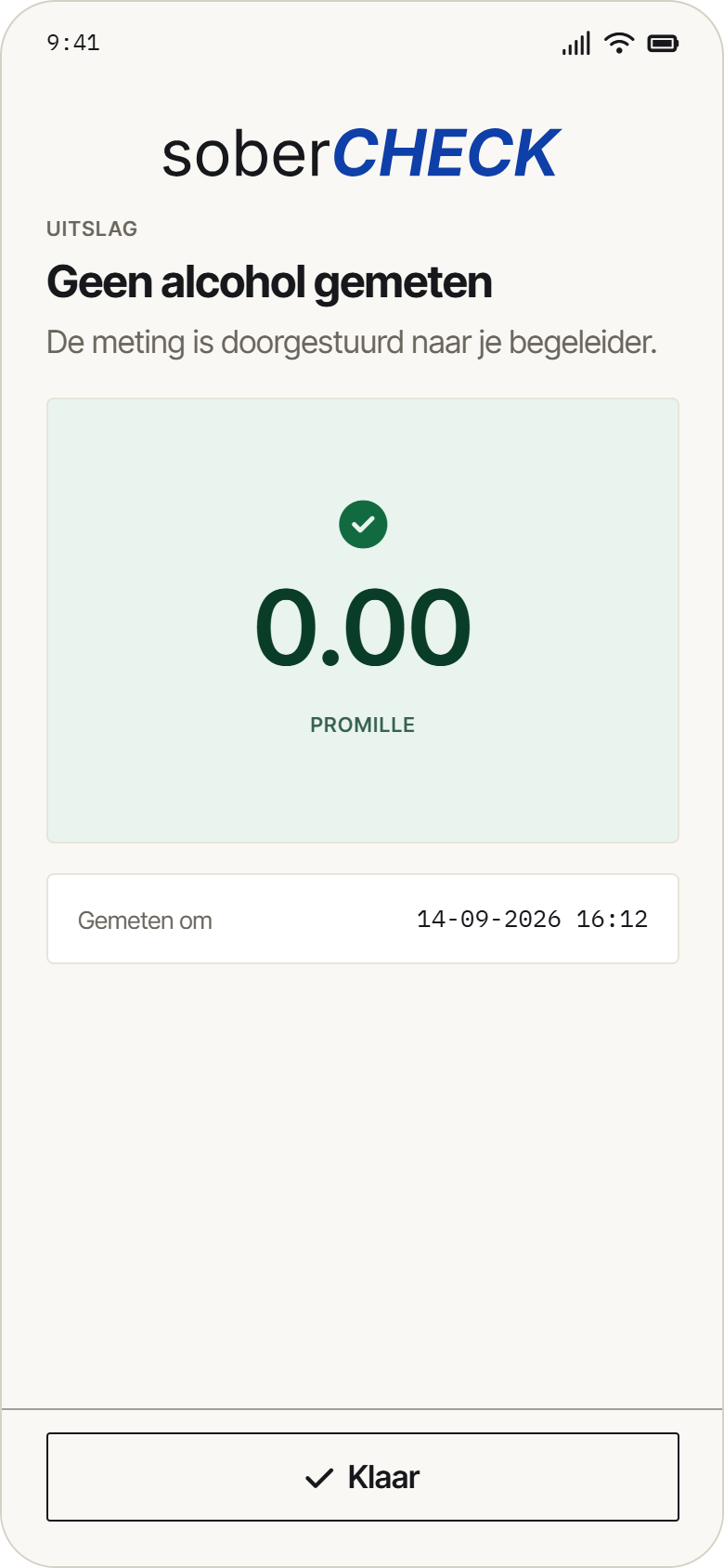 SoberCheck-app: uitslag van een blaastest